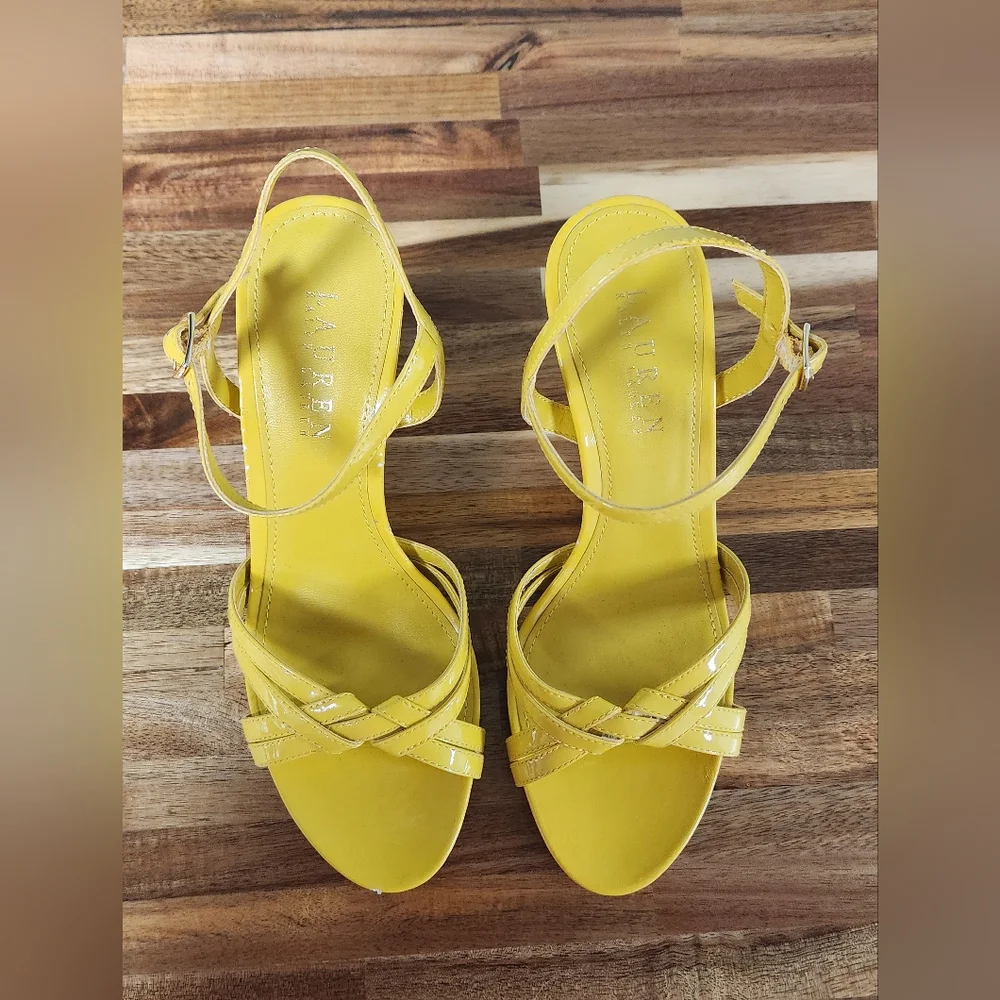 Ralph Lauren Yellow Strappy Wedge Sandals - Picture 2 of 9
